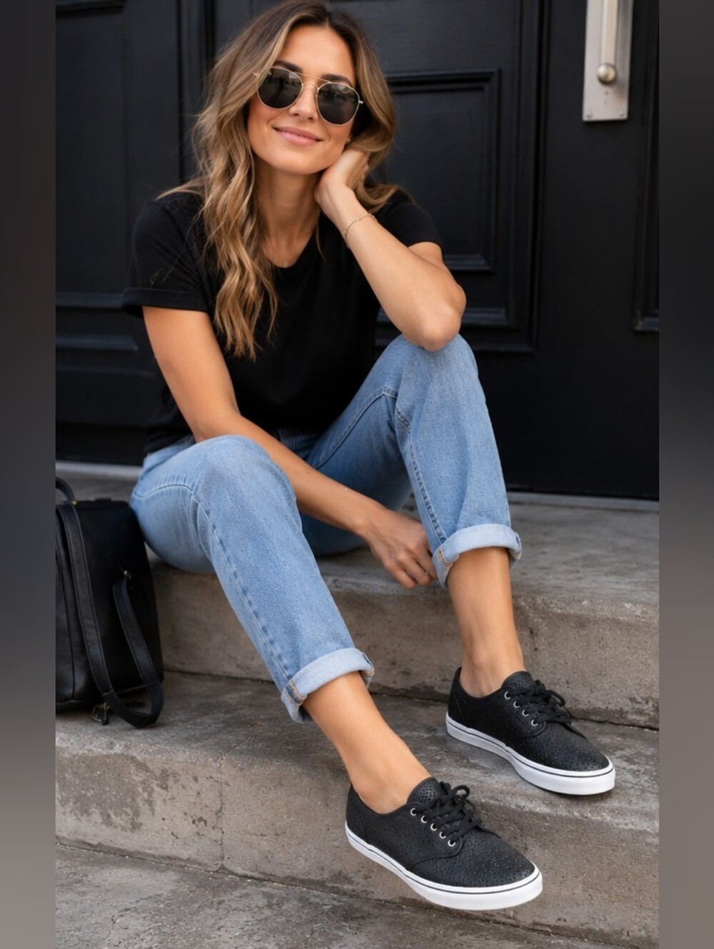 Vans Atwood Low Perforated Leather Sneakers Women's Size 9 Black Lace-Up Casual